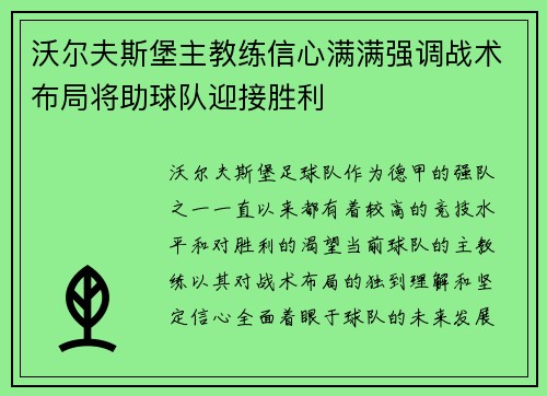 沃尔夫斯堡主教练信心满满强调战术布局将助球队迎接胜利