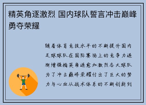 精英角逐激烈 国内球队誓言冲击巅峰勇夺荣耀